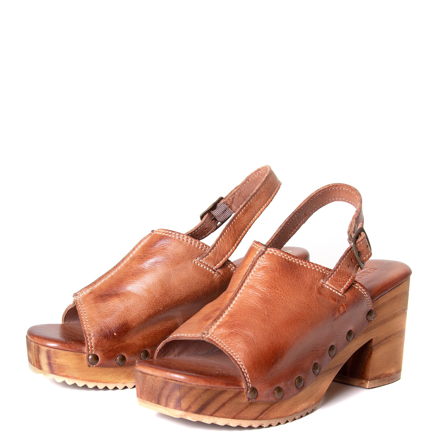 Bed Stu Marie. Women's wooden clog in tan leather, with slingback. Front view, pair.