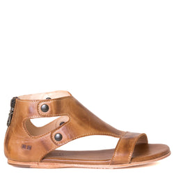 Bed Stu Soto. Women's leather sandals in Tan Rustic leather, back zipper, open toe. Side view.