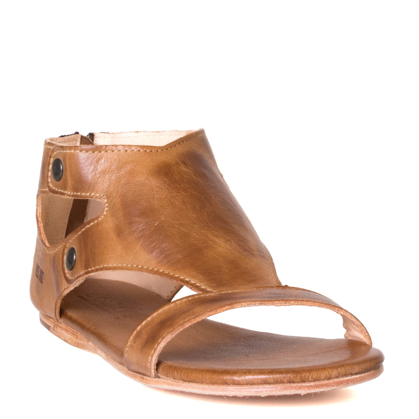 Bed Stu Soto. Women's leather sandals in Tan Rustic leather, back zipper, open toe. Front view.