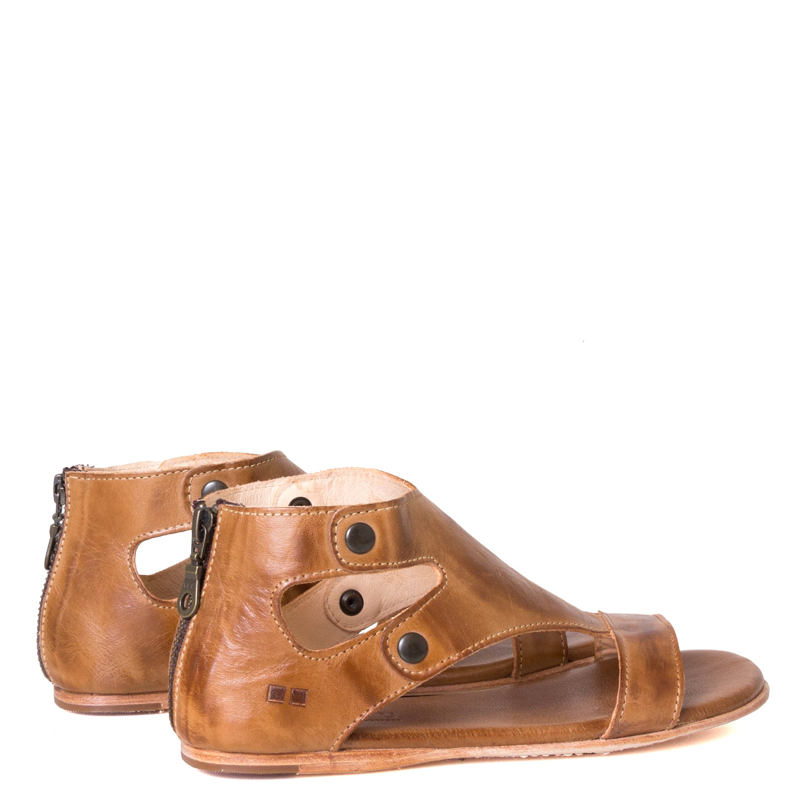 Bed Stu Soto. Women's leather sandals in Tan Rustic leather, back zipper, open toe. Back view, pair.