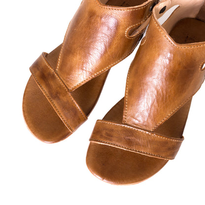 Bed Stu Soto. Women's leather sandals in Tan Rustic leather, back zipper, open toe. Top view, pair.