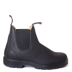 Blundstone Men's 558 Chelsea Boot in Black. Build to last. Durable material, with comfortable shock absorption insole. Rubber sole. Side view.  