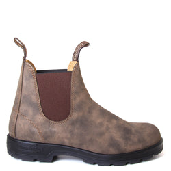 Blundstone Men's 585 Chelsea Boot  in Rustic Brown. Built to last. Durable material, with comfortable shock absorption insole. Rubber sole. Side view.  