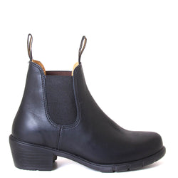 Blundstone Women's 16371 Chelsea Boot  in Black. Built to last. Perfect of everyday wear. Durable material, with comfortable shock absorption insole. Rubber sole. Side view. 