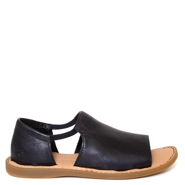 Born Cove. Women's sandal in black leather. Elastic band upper. Side view.