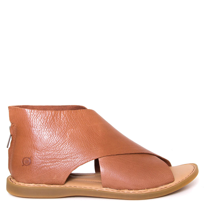 Born Iwa. Women's sandal in brown leather with back zipper entry. Side view.