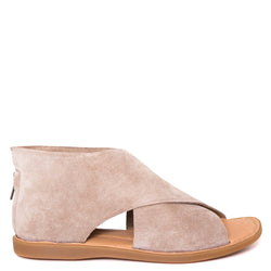 Born Iwa. Women's sandal in taupe beige suede with back zipper entry. Side view.