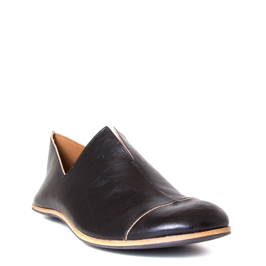 Cydwoq Medicine-M. Men's Black leather Slip-on Shoes, rubber sole. Made in California. Front view.