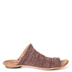 Cydwoq Asia. Women's Mules in woven Brown leather. Anatomical footbed for arch support and comfort. Made in California. Side view.