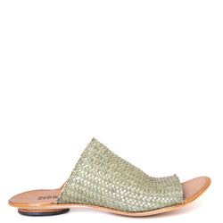 Cydwoq Asia. Women's mules in green metallic leather. Made in CA with sculpted leather soles that mold to the foot for comfort with an embedded metal shank for excellent arch support. Side view.