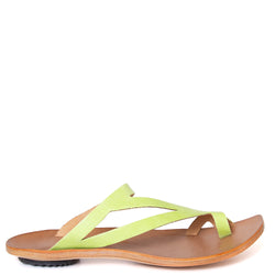 Cydwoq Fence. Women's sandal in fluorescent green leather. Made in CA. Cydwoq shoes have sculpted leather soles that mold to the foot for comfort with an embedded metal shank for excellent arch support. Silde view.