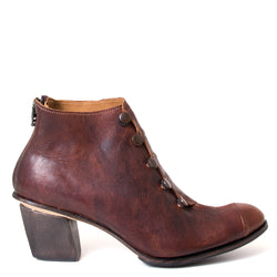 Cydwoq Hemera. Women's heeled ankle boot in dark brown PELE leather. Made in California, USA. Side view.