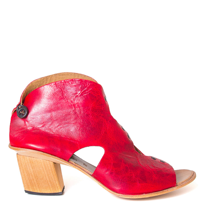 Cydwoq Research Women's sandal in Red washed leather, 2.5 inch wooden Heel, open toe, made in California. Side view.