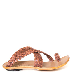 Cydwoq Revival. Women's sandal in woven tan leather. Made in California.  Side view.