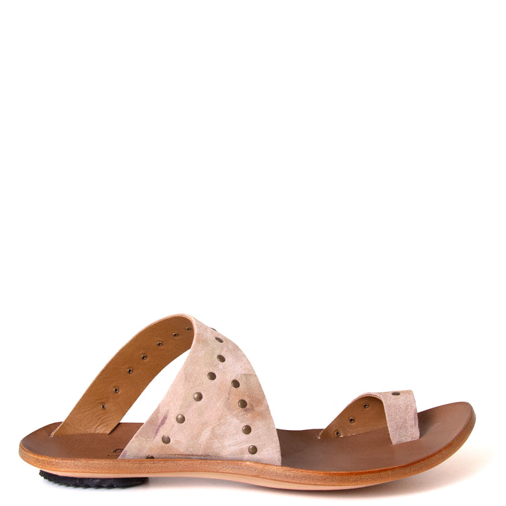 Cydwoq Thong. Women's sandals in Taupe Suede / Rivets. Leather sole, low rubber heel. Anatomical footbed for arch support and comfort. Made in California. Side view.