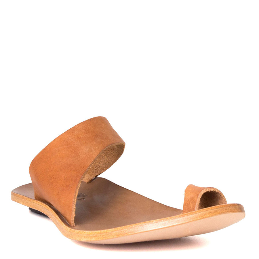 Cydwoq Thong , Hillary Sandal Tan leather single strap and toe ring. Made in California. Front view.