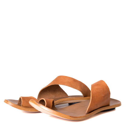 Cydwoq Thong , Hillary Sandal Tan leather single strap and toe ring. Made in California. Front view, pair.