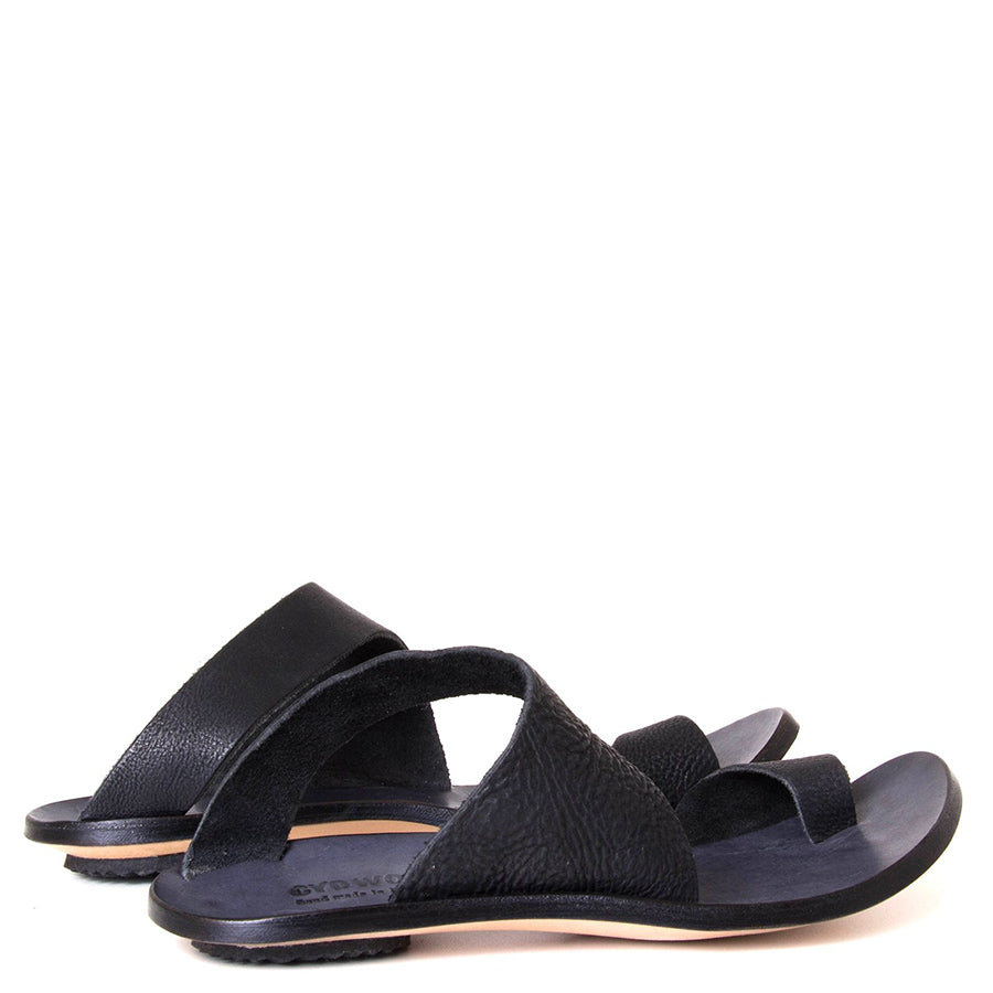 Cydwoq Thong , Hillary Sandal Black leather single strap and toe ring. Made in California. Back view, pair.