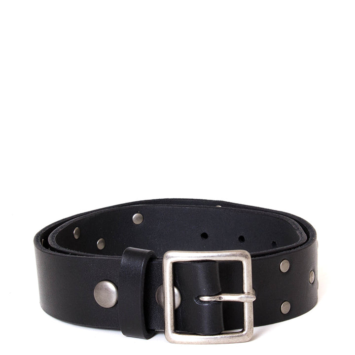 dean. Square unisex studded buckle belt in black leather.