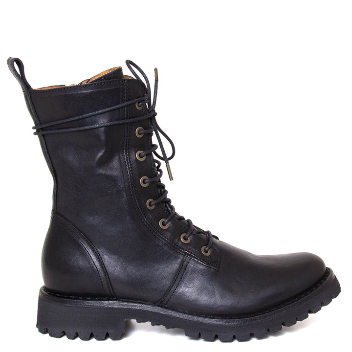 Fiorentini + Baker Egos. Women's combat ankle boot in black leather. 1⅜-inch heel made in Italy. Side view.