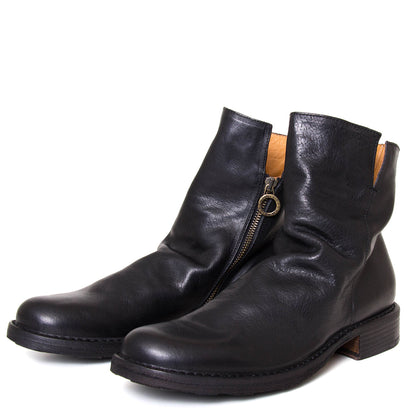 Fiorentini + Baker Elf. Men's side zip boot in black Italian leather. 1⅛-inch heel made in Italy. 3/4 view.