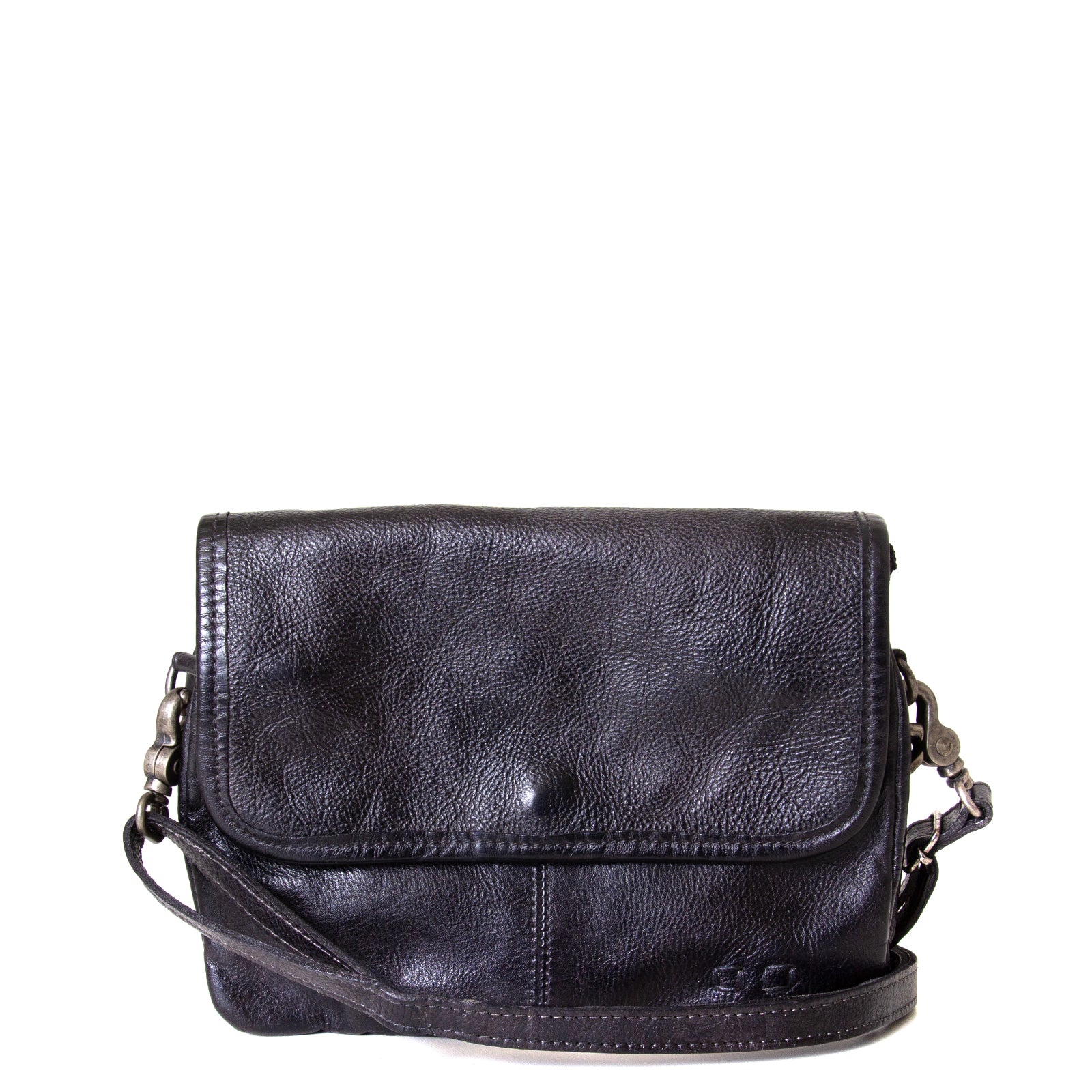 Bed Stu Ziggy. Women's crossbody, shoulder handbag in Black leather. Front view.