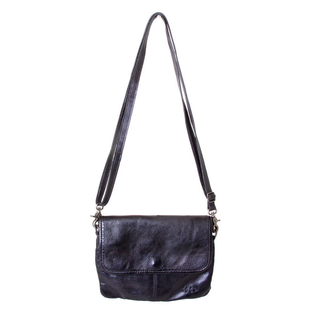 Bed Stu Ziggy. Women's crossbody, shoulder handbag in Black leather. Front view, with leather strap.