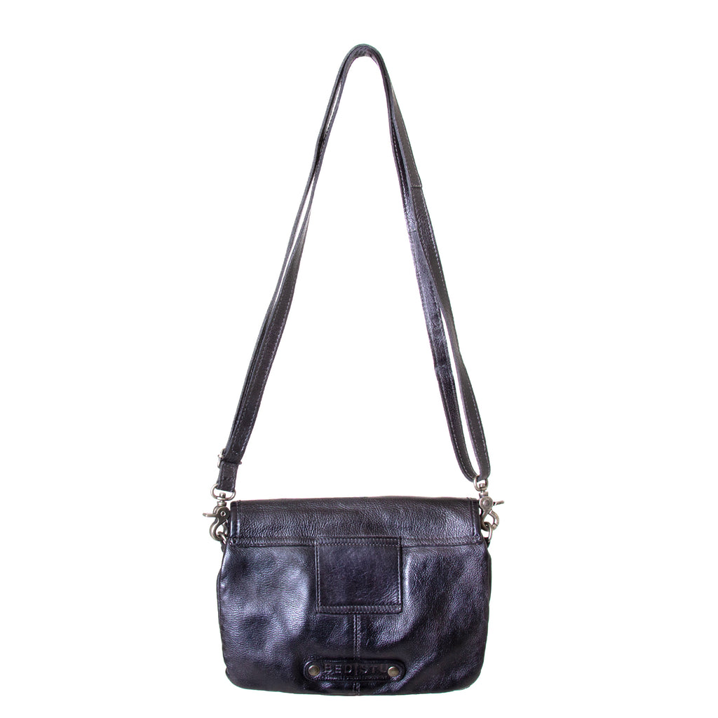 Bed Stu Ziggy. Women's crossbody, shoulder handbag in Black leather. Back view, with leather strap.