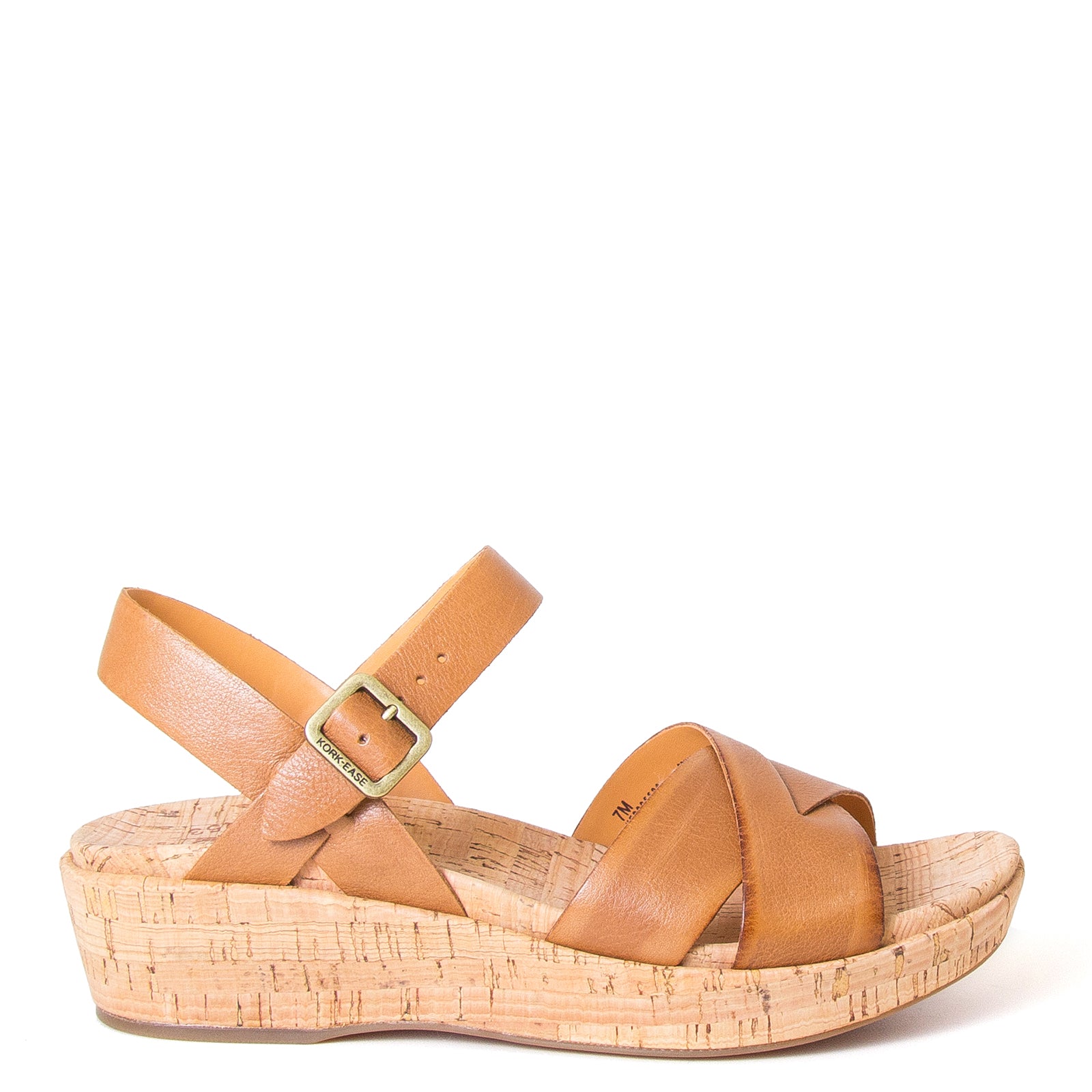 Myrna 2.0, by Kork-Ease®. Women's Leather Sandals in Brown, slingback, with side Buckle, wide crossed straps. Cushioned anatomical cork footbed for comfort and Style. Imported. 2" heel, 1" platform. Side view.