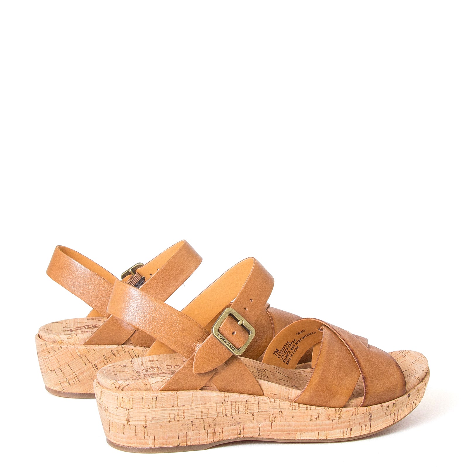 Myrna 2.0, by Kork-Ease®. Women's Leather Sandals in Brown, slingback, with side Buckle, wide crossed straps. Cushioned anatomical cork footbed for comfort and Style. Imported. 2" heel, 1" platform. Back view, pair.