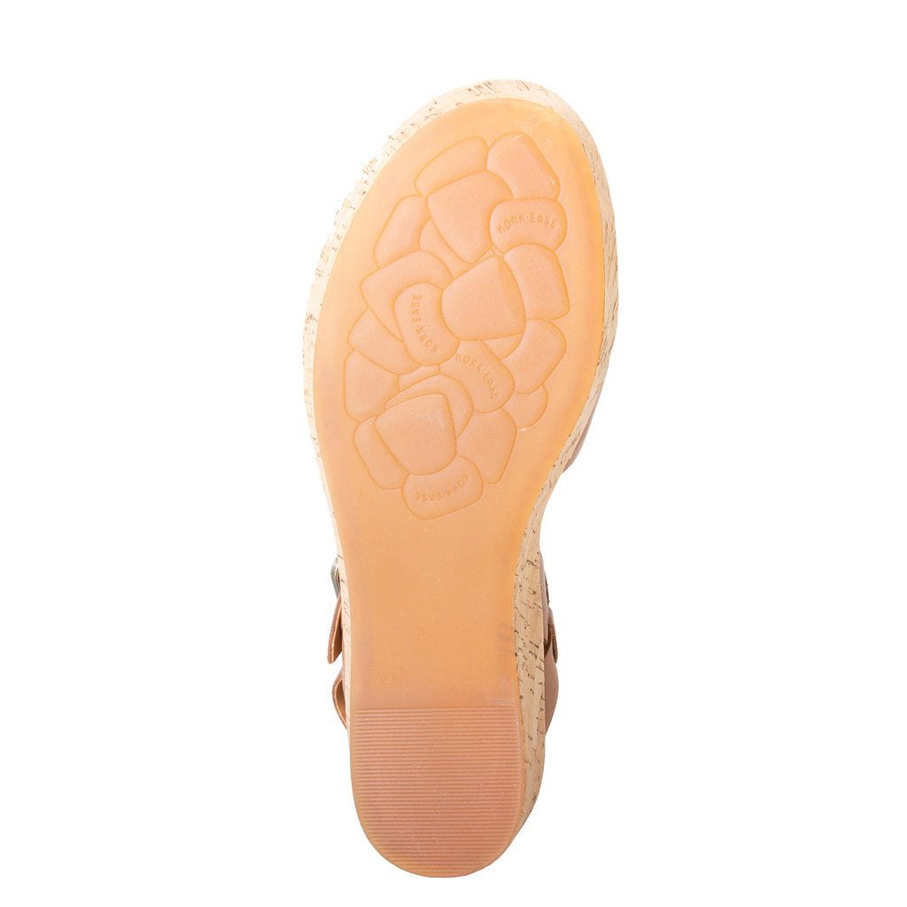 Myrna 2.0, by Kork-Ease®. Women's Leather Sandals in Brown, slingback, with side Buckle, wide crossed straps. Cushioned anatomical cork footbed for comfort and Style. Imported. 2" heel, 1" platform. Bottom view.