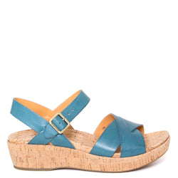 Kork-Ease Myrna 2.0. Women's wedge platform sandal in turquoise leather. Side view.