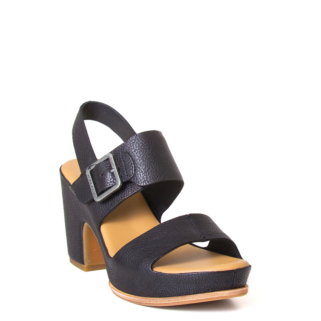 Kork-Ease San Carlos. Women's leather sandals in Black. Side buckle, cushioned leather footbed, and a 3 ½ inch platform, 2.5 inch heel. Front view.