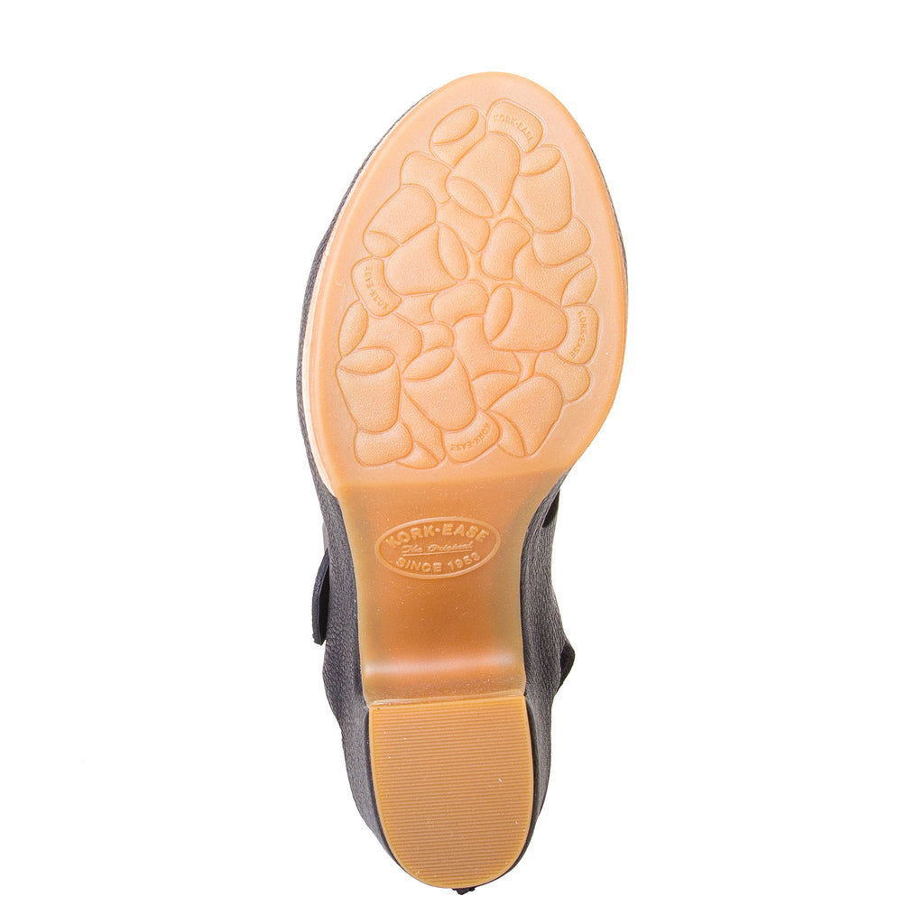 Kork-Ease San Carlos. Women's leather sandals in Black. Side buckle, cushioned leather footbed, and a 3 ½ inch platform, 2.5 inch heel. Bottom view.