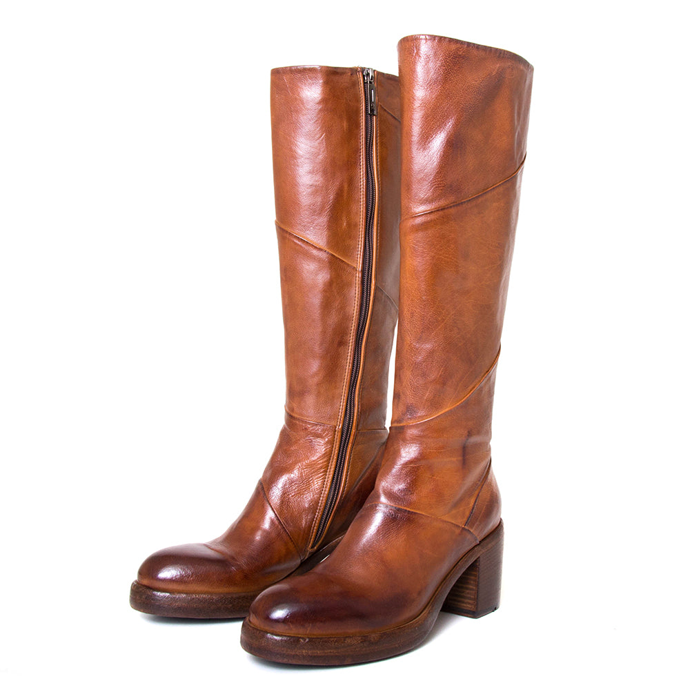 Lemargo FY02A Kadie. Women's knee high boot, 3" heel in cognac leather. 3/4 view.