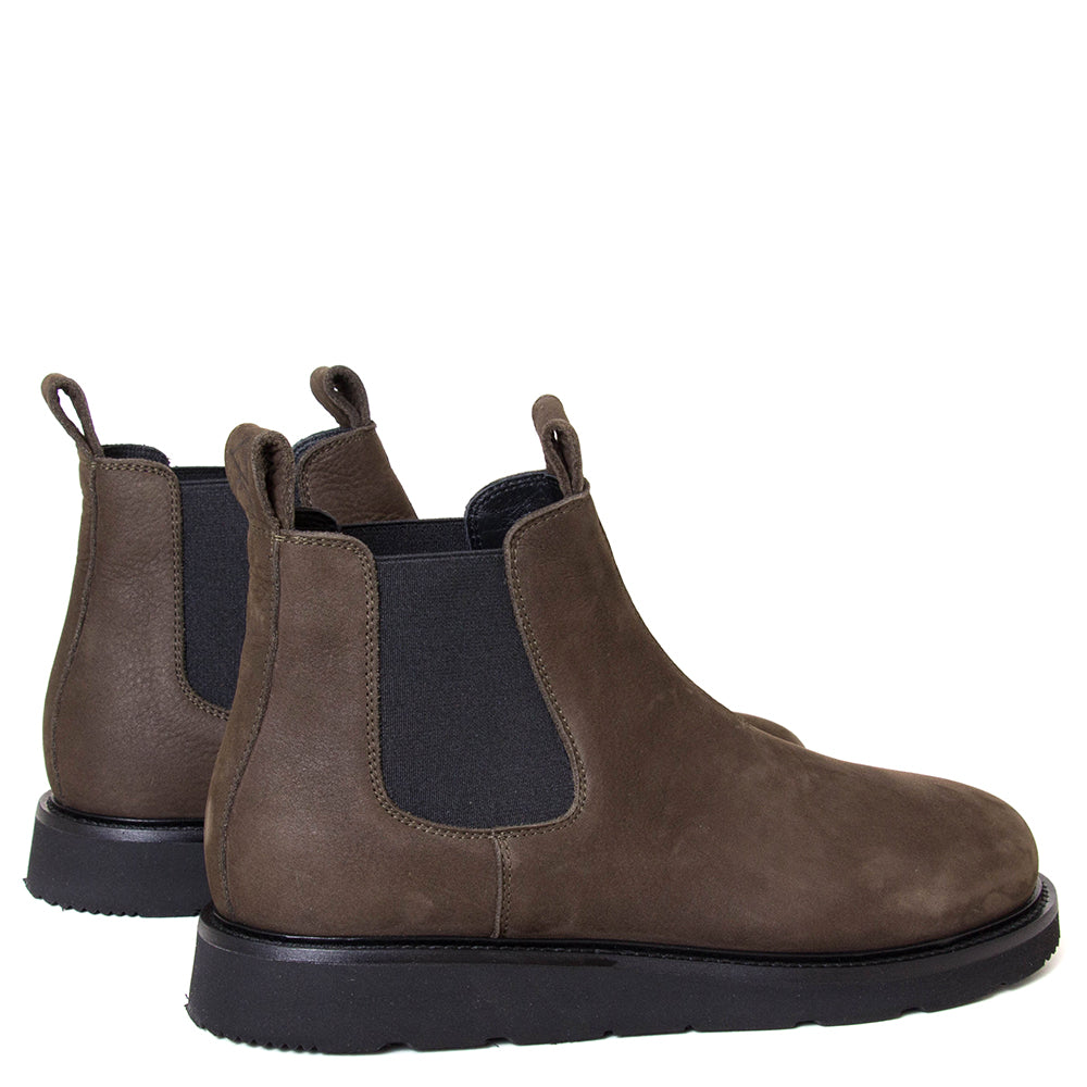 OA non-fashion A08. Women's Chelsea boot in olive green nubuck. Made in Italy. Back view.