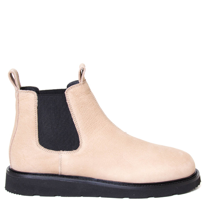 OA non-fashion A08. Women's Chelsea boot in pale nubuck. Made in Italy. Side view.