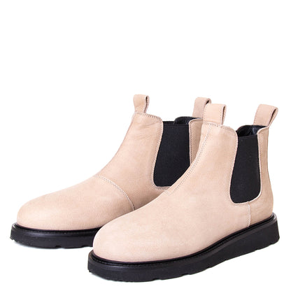 OA non-fashion A08. Women's Chelsea boot in pale nubuck. Made in Italy. 3/4 view.