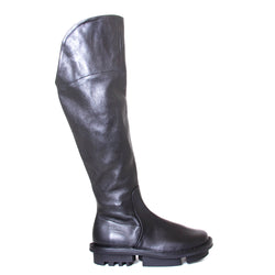 Trippen Add. Women's knee-high boot in black leather, 1-inch platform rubber sole. Made in Germany. Side view.