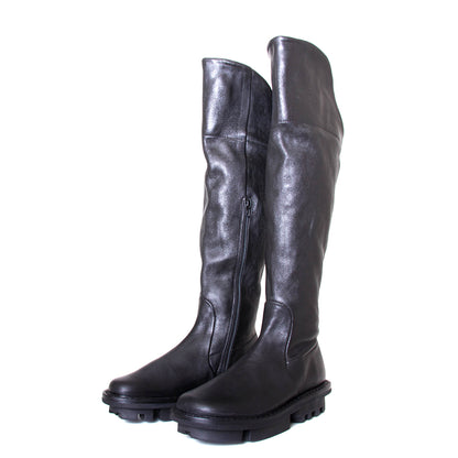 Trippen Add. Women's knee-high boot in black leather, 1-inch platform rubber sole. Made in Germany. Front view pair.