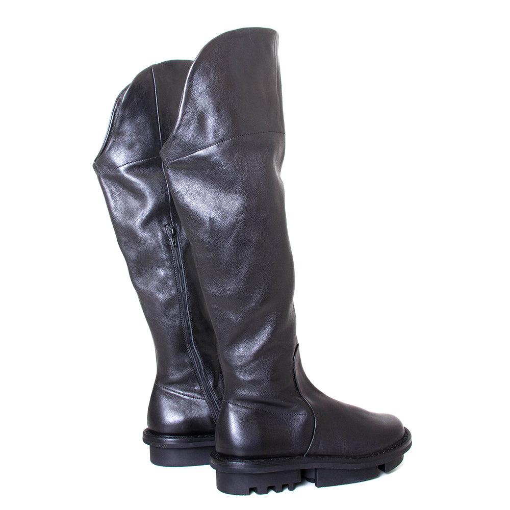 Trippen Add. Women's knee-high boot in black leather, 1-inch platform rubber sole. Made in Germany. Back view pair.