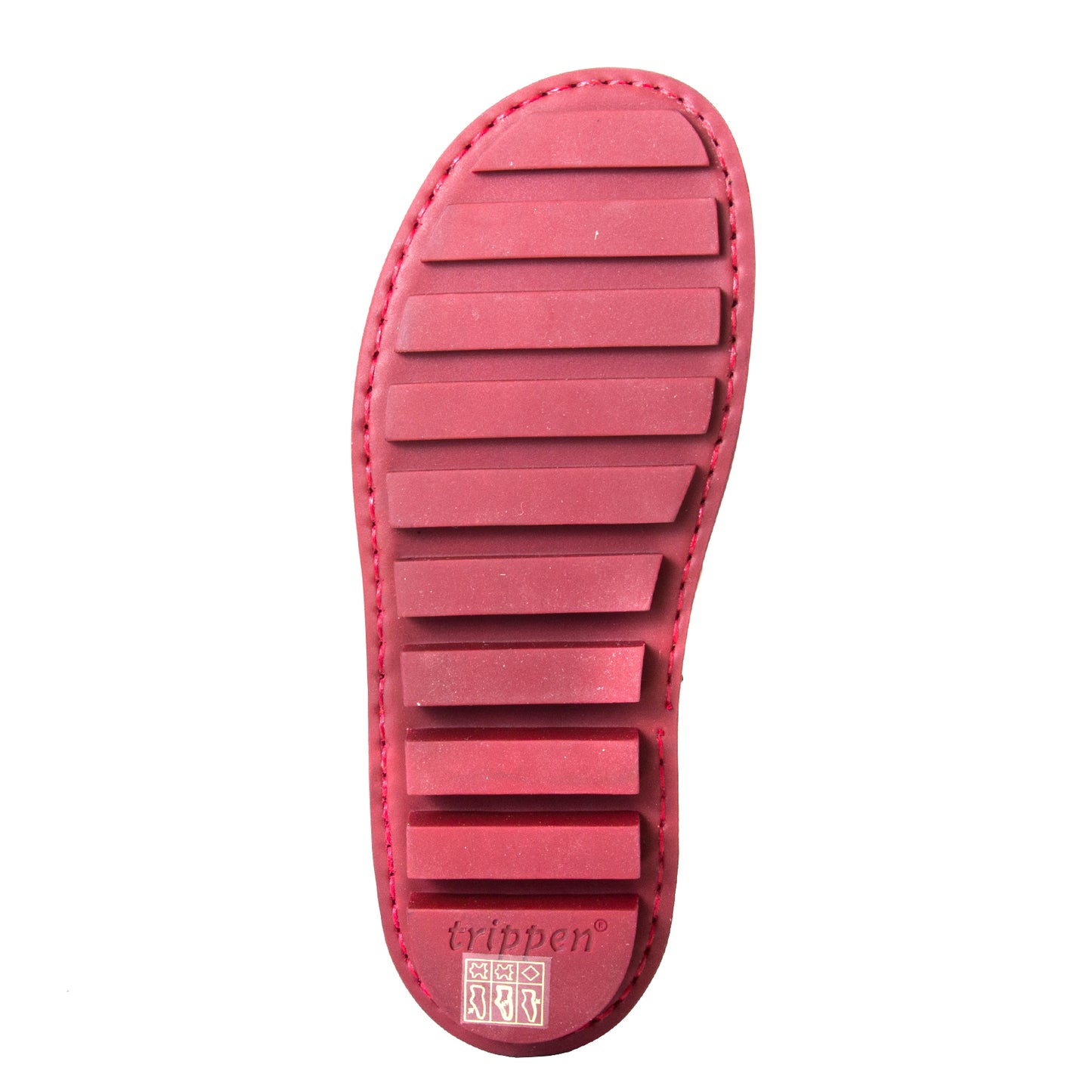 Trippen Ahead. Women's shoes in Red leather, Velcro strap, Mary Janes style. Anatomical footbed for comfort, flexible rubber sole. Made in Germany. Bottom view.