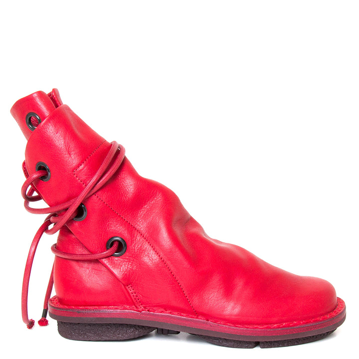 Trippen Awning. Women's leather slip-on, ankle boot in red leather, wrap-around laces. Made in Germany. Side view.