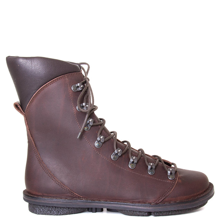 Trippen Franz. Men's dark brown leather mountain style boot, laced, comfortable rubber sole. 1-inch rubber heel. Side View.