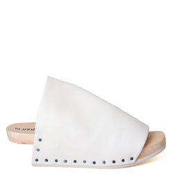 Trippen Gush. Women's White leather clog. Wood wedge heel with rubber tread. 2" high. Made in Germany. Side view.