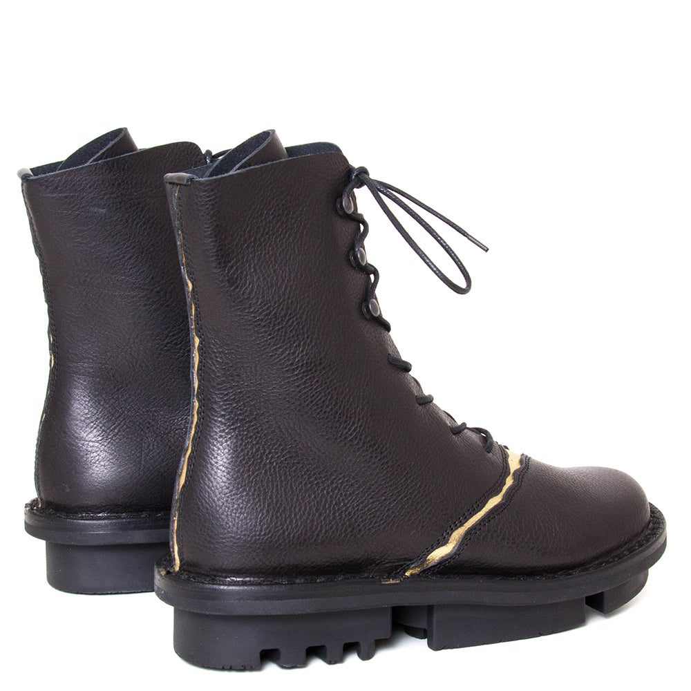 Trippen Kintsugi. Women's platform combat ankle boot in black leather. Made in Germany. Back view.
