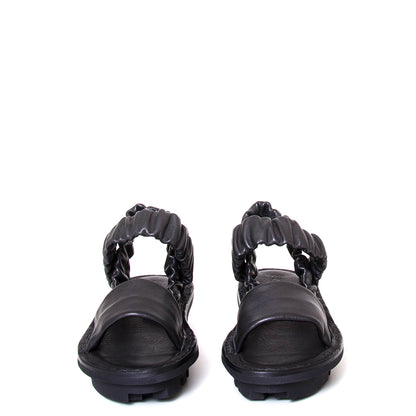 Trippen Synchron. Women's platform leather sandal in black leather. Made in Germany. Front pair view.