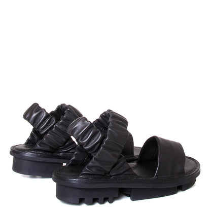 Trippen Synchron. Women's platform leather sandal in black leather. Made in Germany. Back pair view.