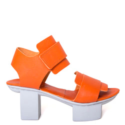 Trippen Visor. Women's platform sandal in orange leather & white sole. Made in Germany. Side view.