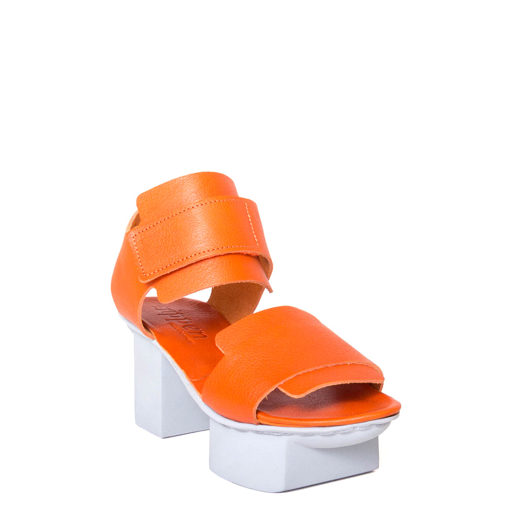 Trippen Visor. Women's platform sandal in orange leather & white sole. Made in Germany. 3/4 view.